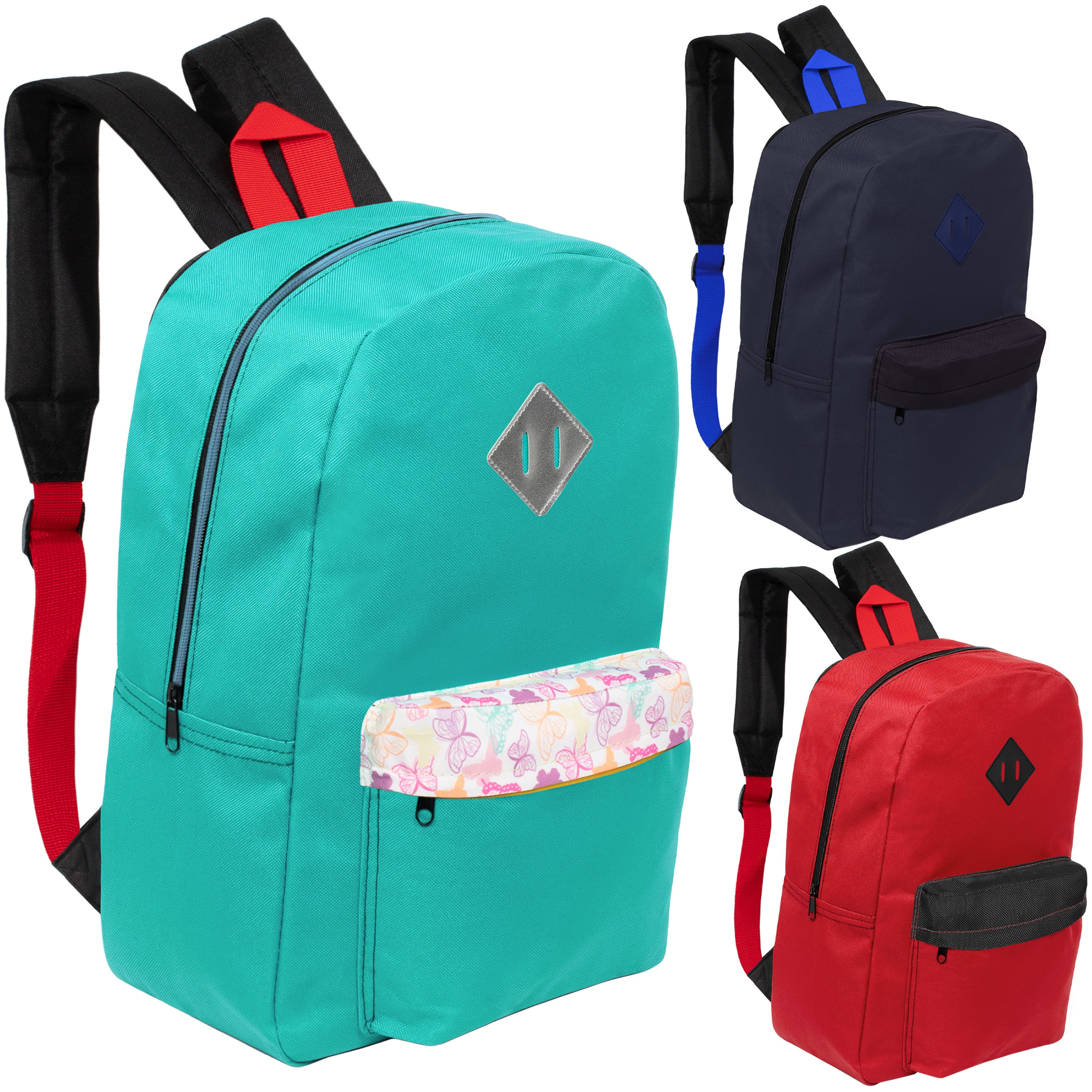 17" Multi Color Basic Wholesale Backpacks with a Diamond Patch & Padded Back - Bulk Case of 24