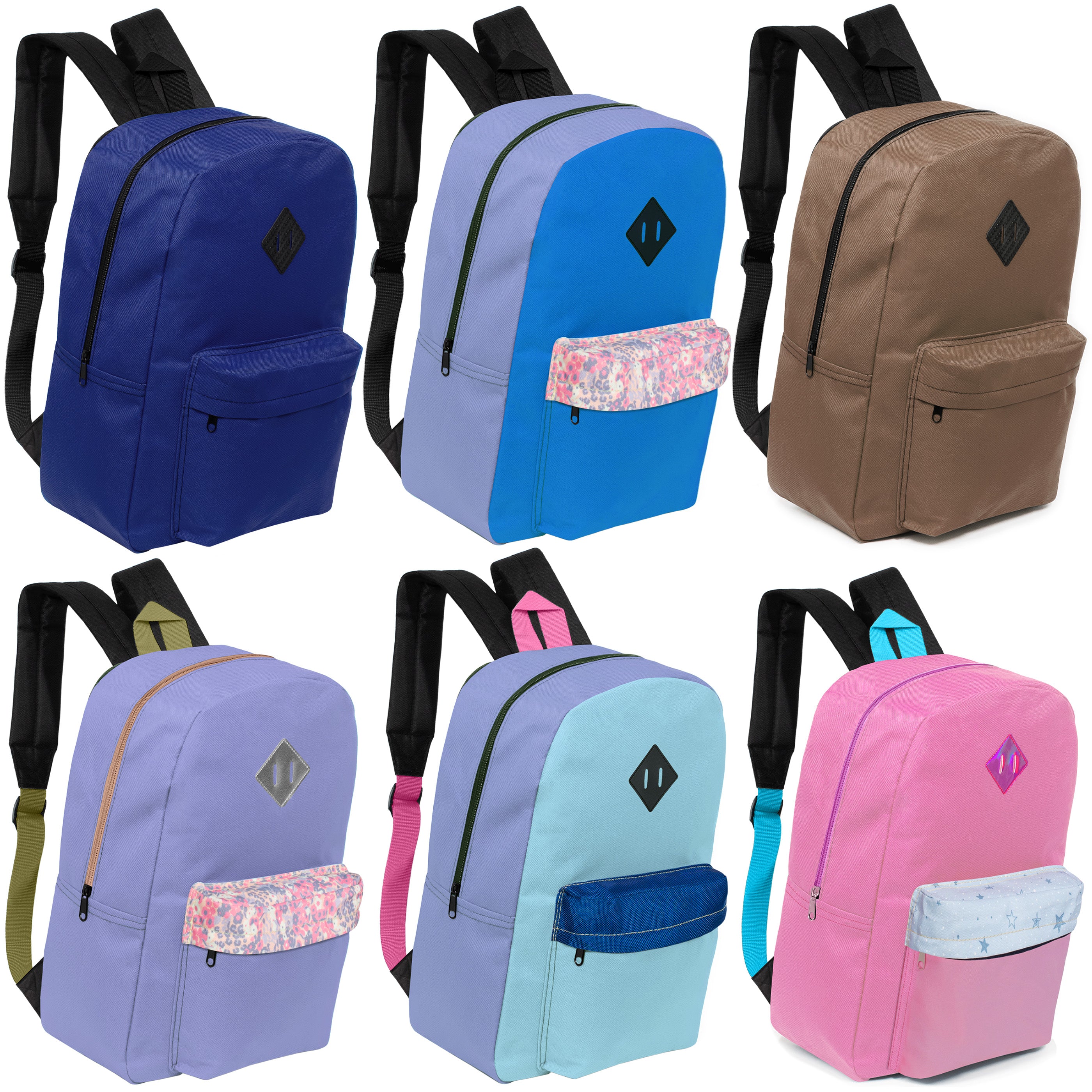 17" Kids Diamond Patch Backpacks in 6 Colors with a Padded Back  - Bulk Case of 24