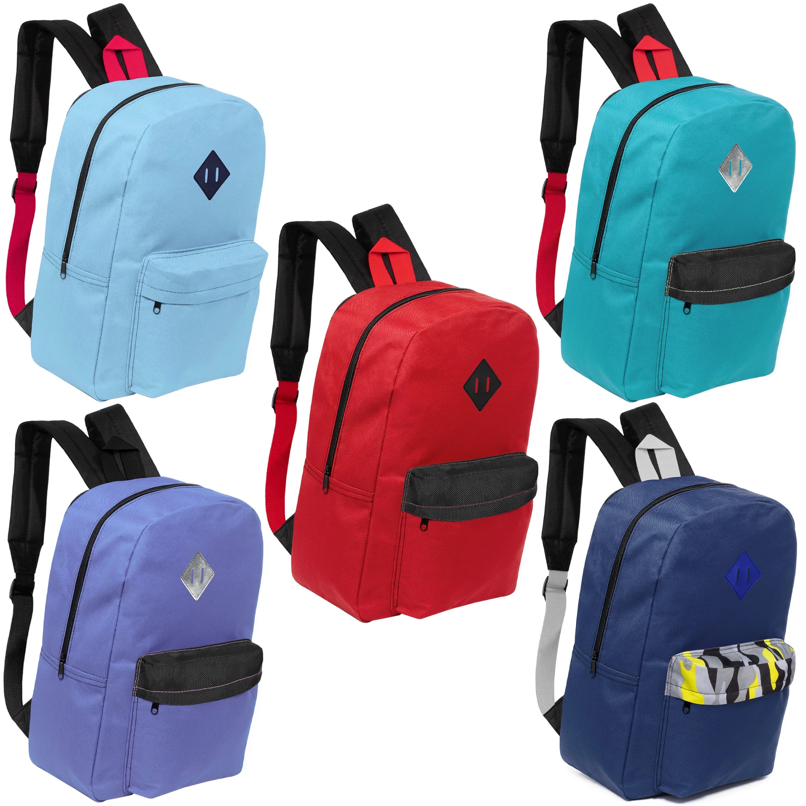 17” Kids Basic Wholesale Backpack in 5 Assorted Colors - Bulk Case of 24 Backpacks