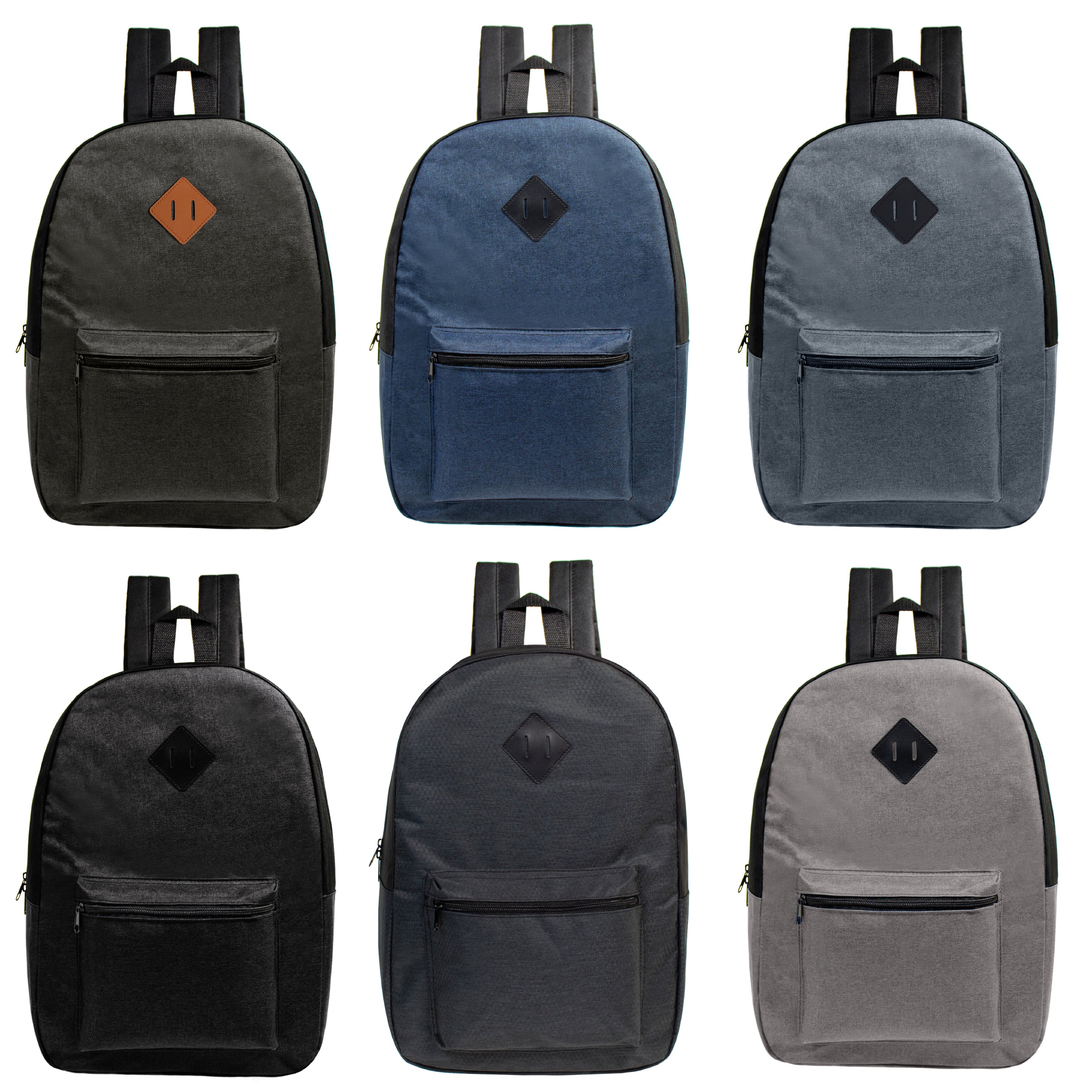 12 Basic Diamond Patch 17" Backpacks in 6 Colors & Your Choice of 12 Bulk Hygiene Kits - Wholesale Care Package: Homeless, Emergency, Charity