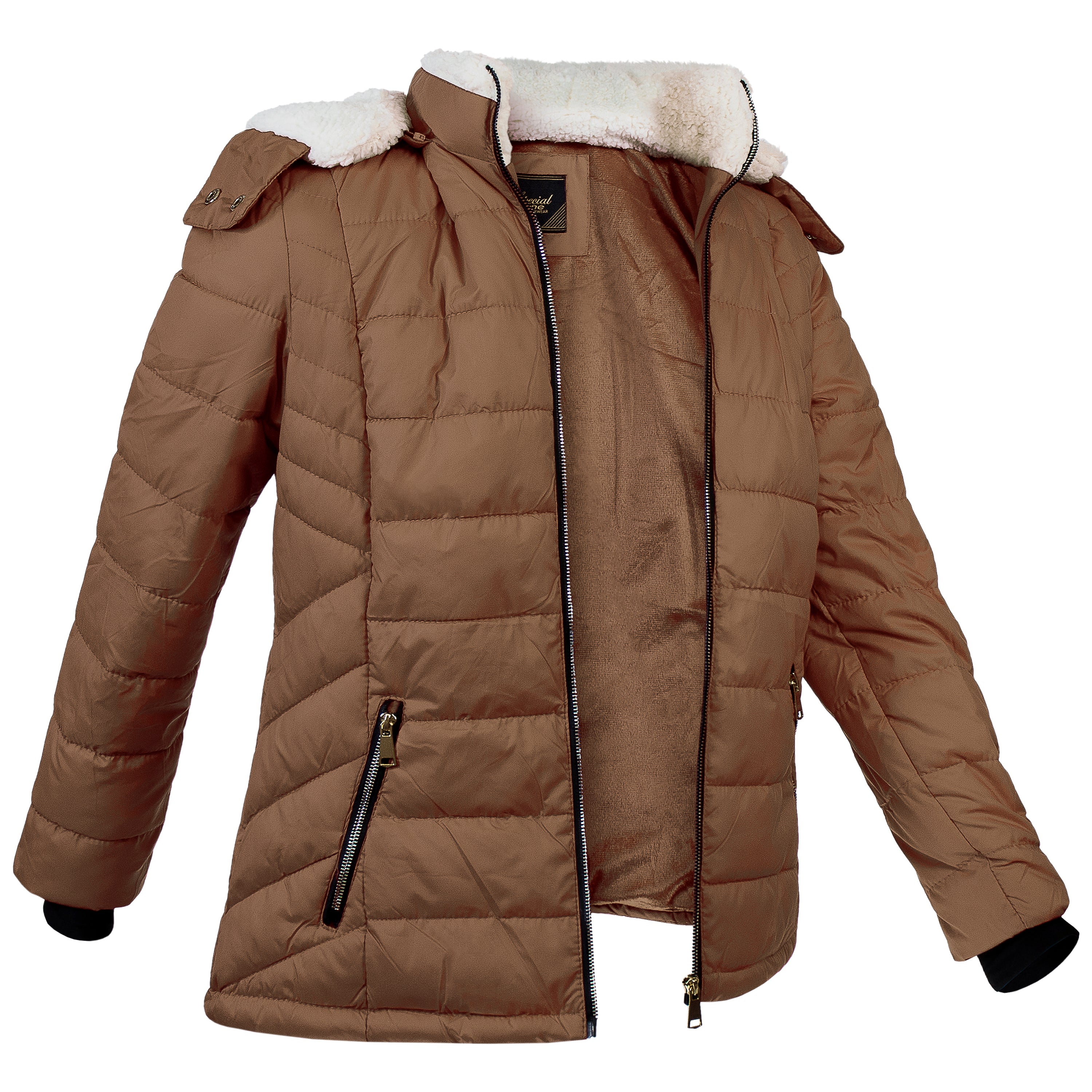 Women's Warm Wholesale Puffer Coats in Brown in Assorted Sizes - Bulk Case of 12 Winter Jackets