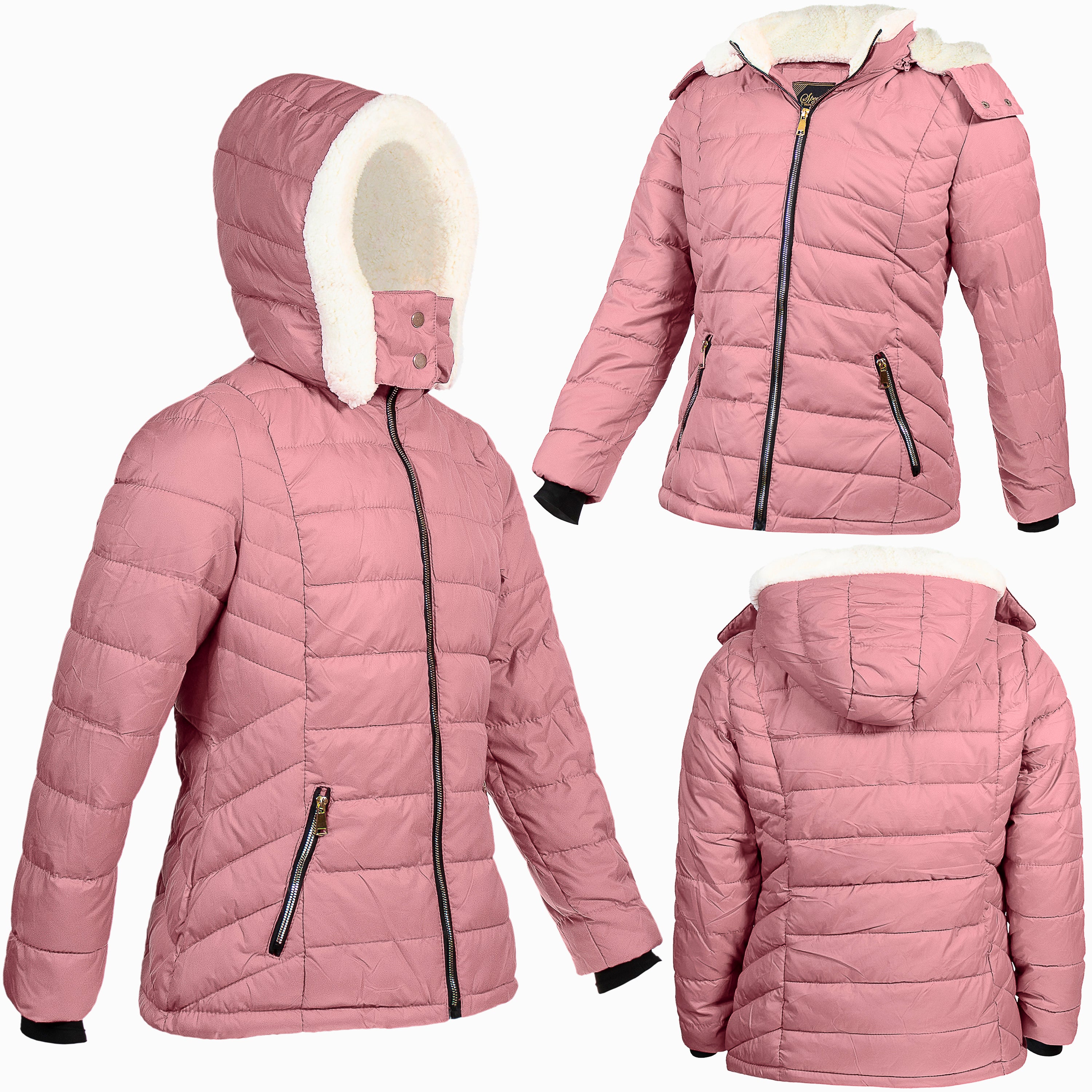 Women's Warm Wholesale Puffer Coats in Pink in Assorted Sizes - Bulk Case of 12 Winter Jackets