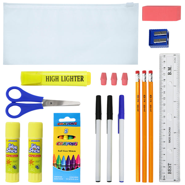 16 Piece Wholesale Basic School Supply Kits - Bulk Case of 48 Kits