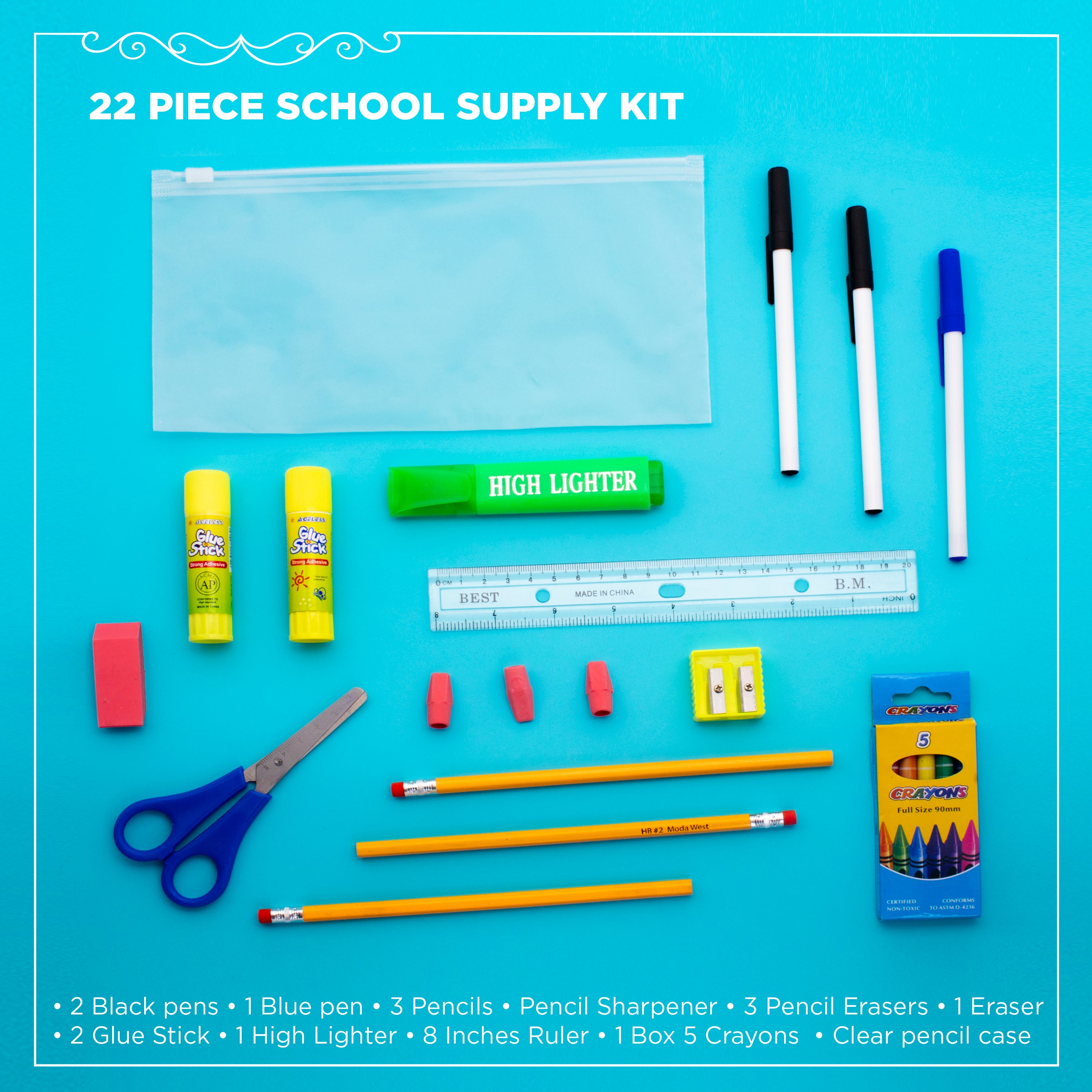 22 Piece Wholesale Basic School Supply Kits - Bulk Case of 48 Kits