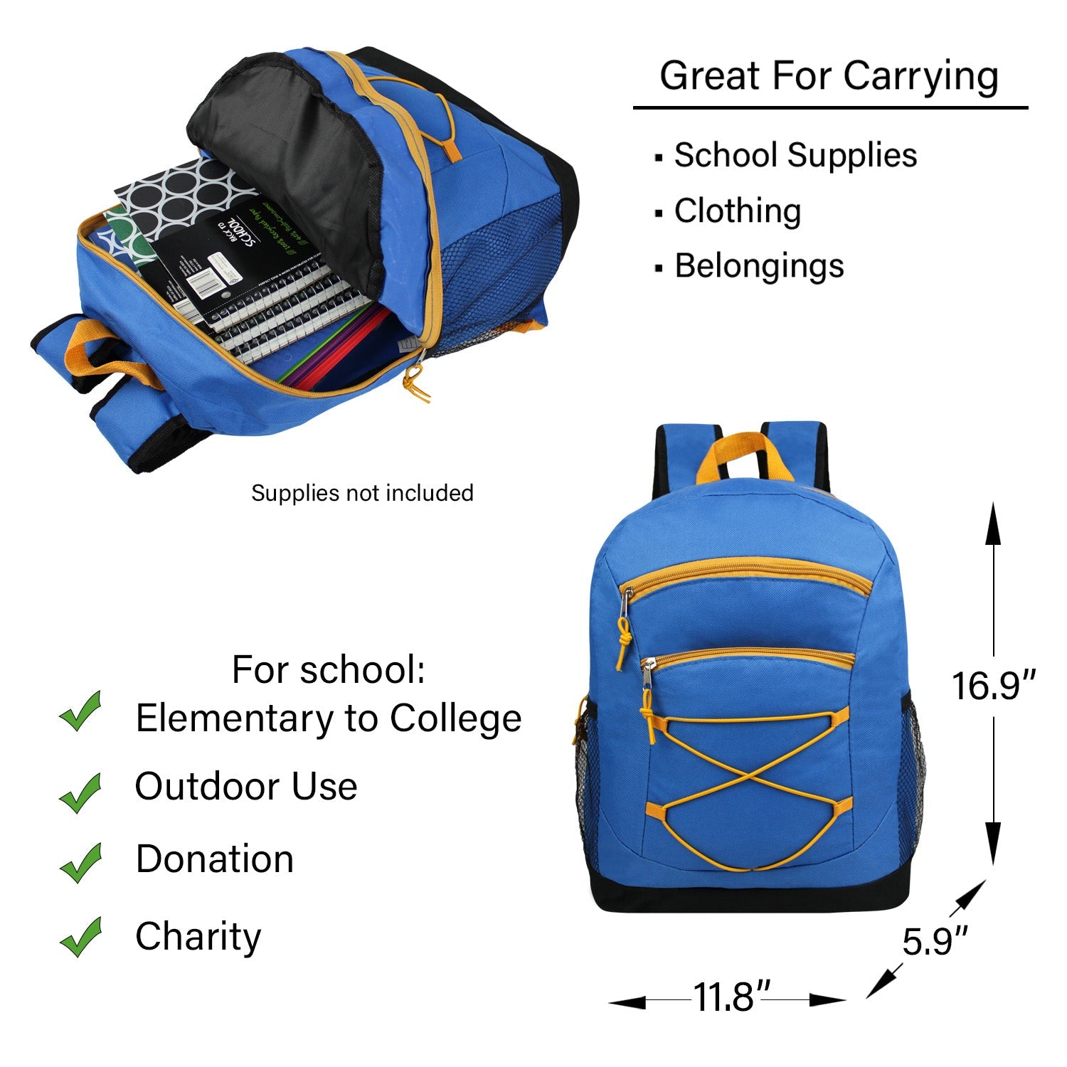 12 Bungee 17" Backpacks in 8 Colors & Your Choice of 12 Bulk Hygiene Kits - Wholesale Care Package: Homeless, Emergency, Charity