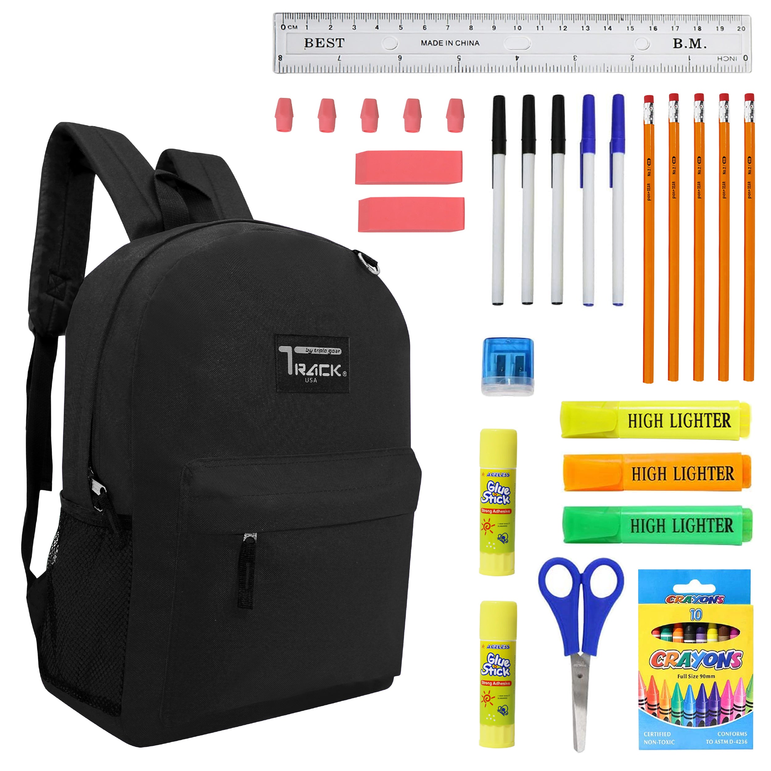 12 Black Wholesale Track Brand 17" Backpacks and 12 School Supply Kits of Your Choice