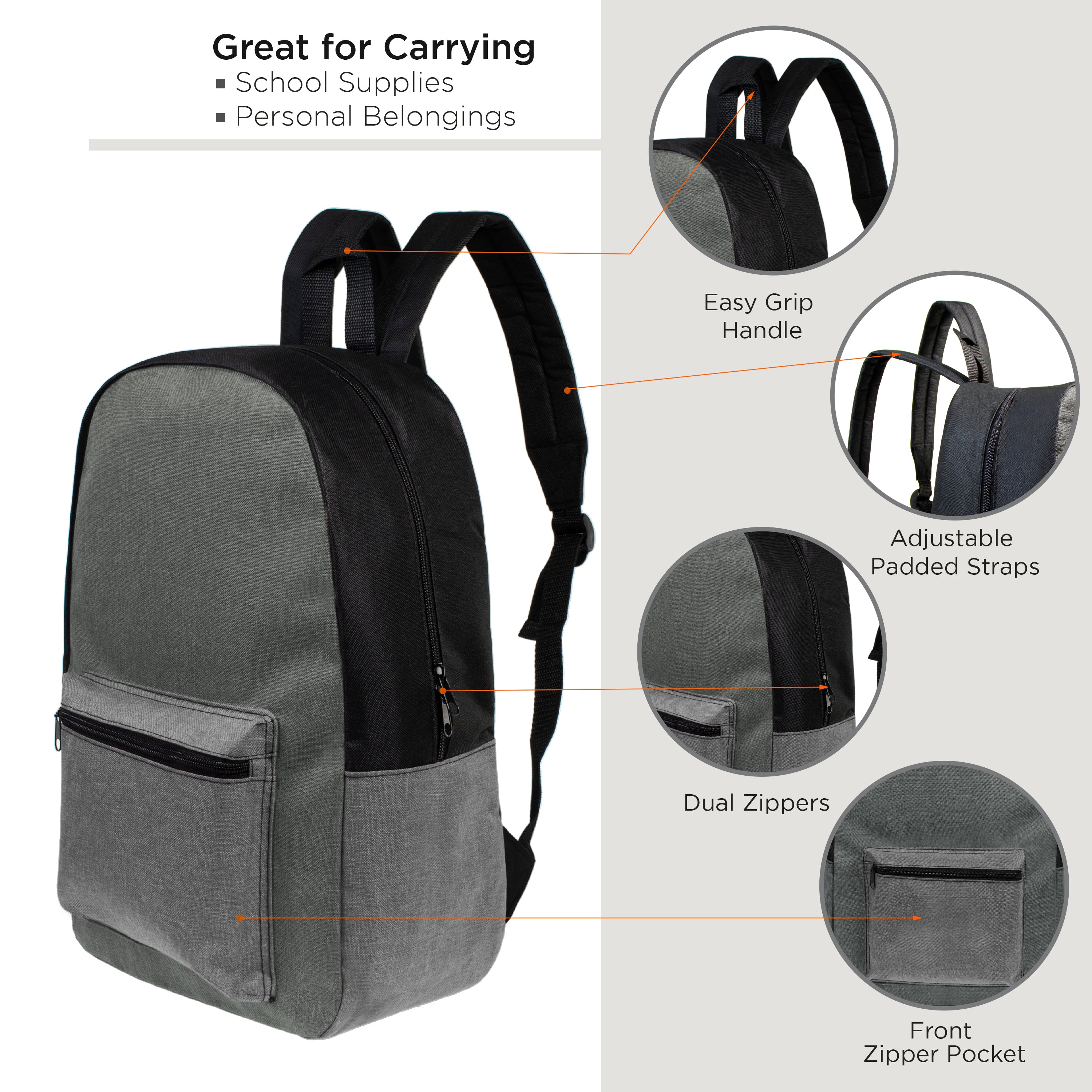 12 Basic Unisex 17" Backpacks in 4 Colors & Your Choice of 12 Bulk Hygiene Kits - Wholesale Care Package: Homeless, Emergency, Charity