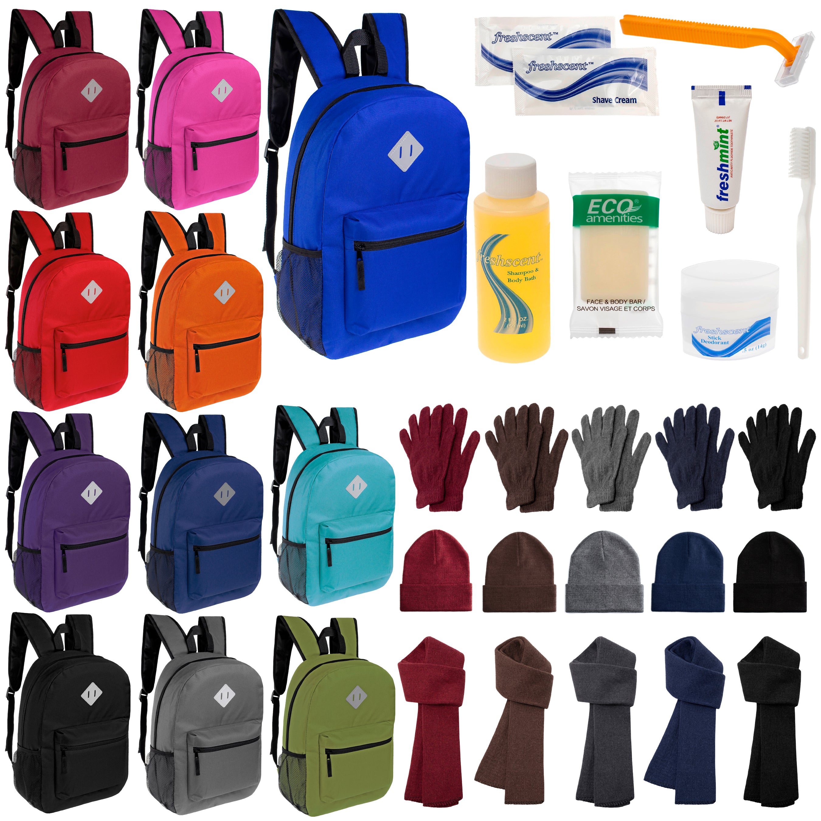 12 Diamond Patch 17" Backpacks, 12 Winter Item Sets & Your Choice of 12 Bulk Hygiene Kits - Wholesale Homeless Care Package