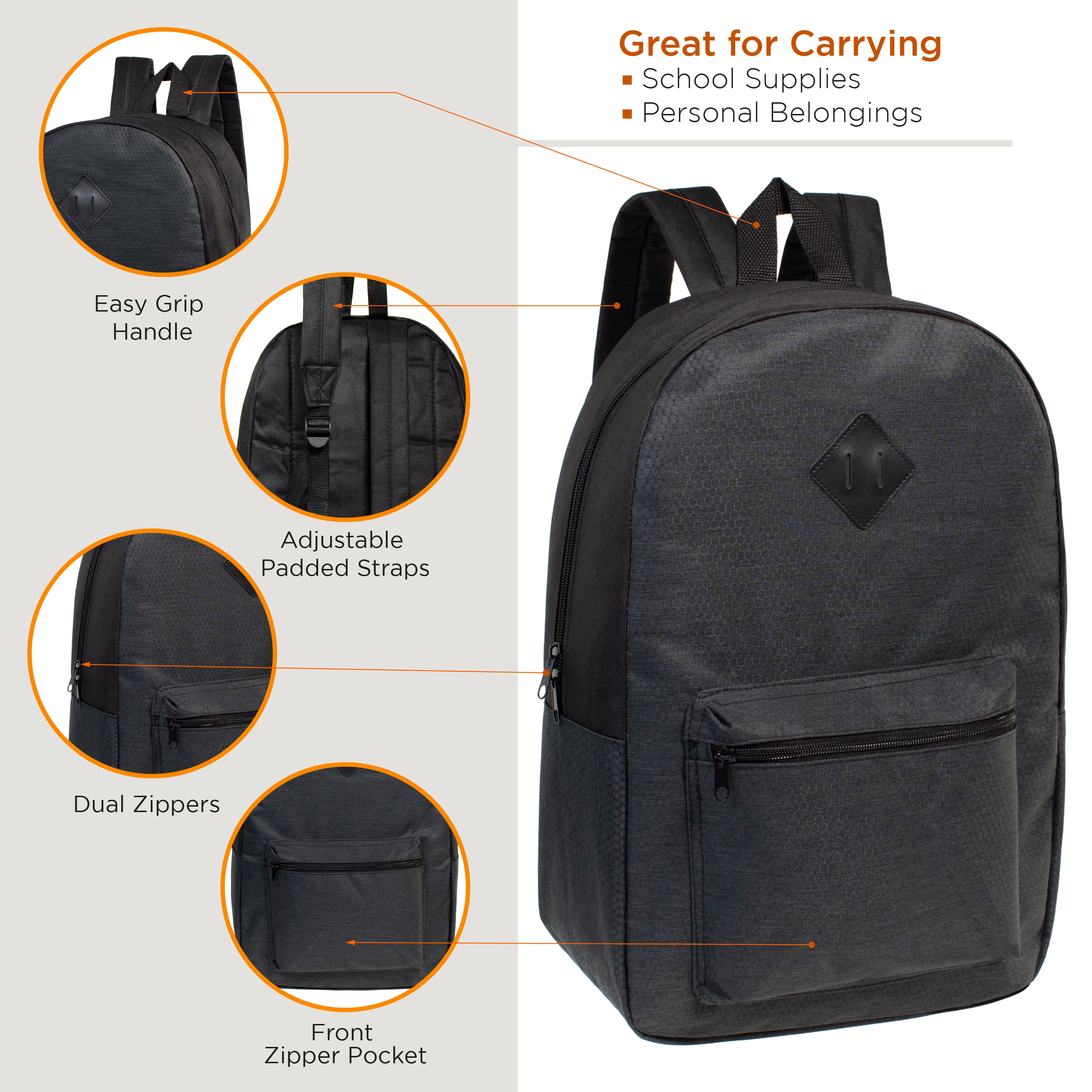 12 Wholesale Diamond Patch Backpacks in 4 Colors & 12 Bulk School Supply Kits of Your Choice