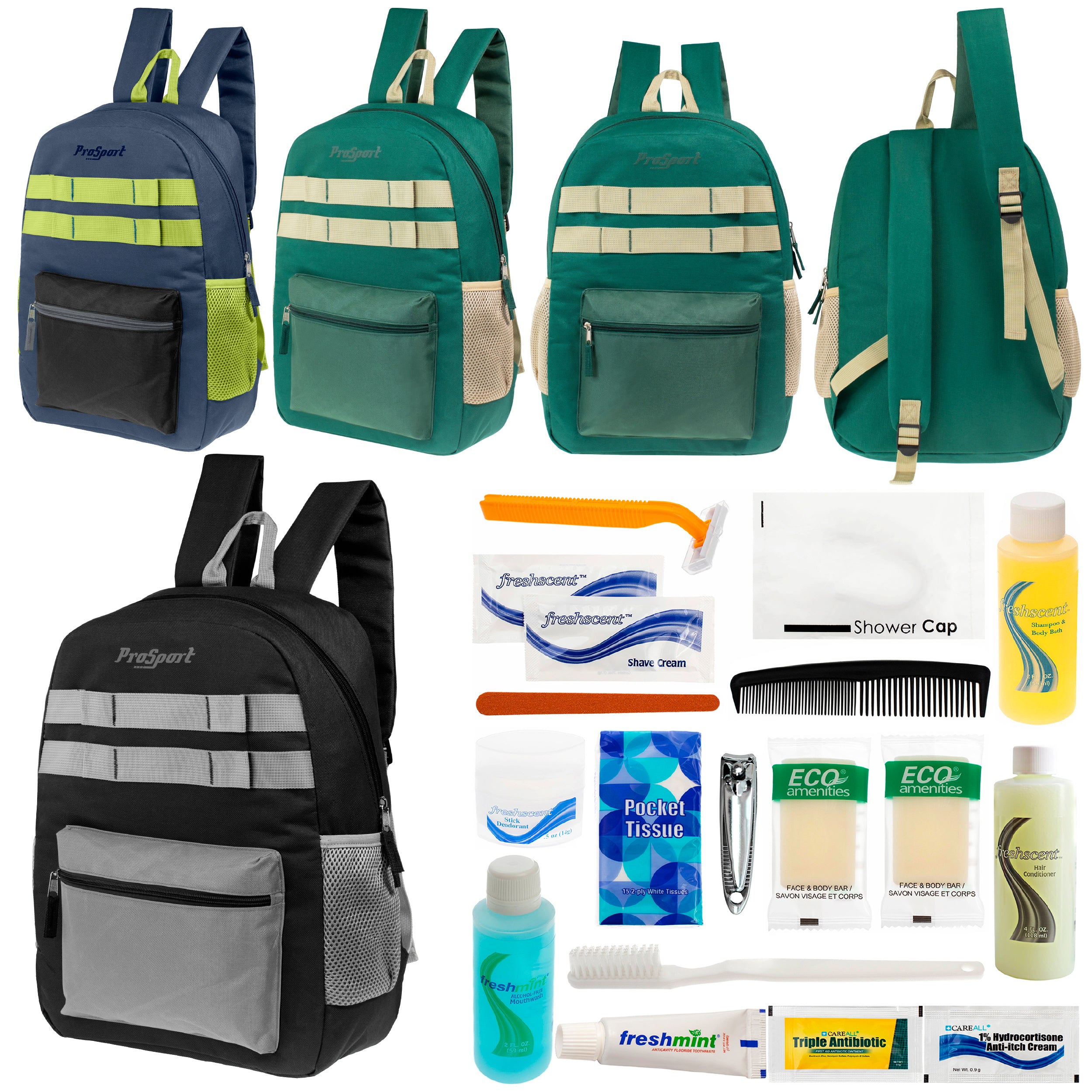 12 Multi-Color 17" Backpacks w/Accent Trim & Your Choice of 12 Bulk Hygiene Kits - Wholesale Care Package: Homeless, Emergency, Charity