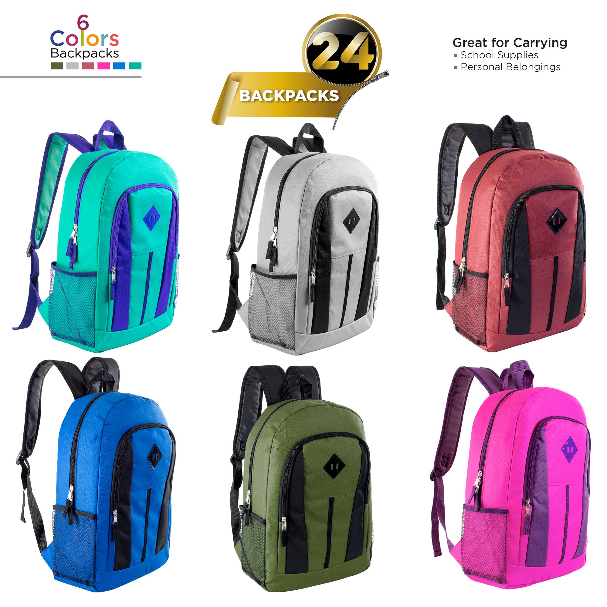 17" Bulk Backpacks for Boys and Girls In 6 Assorted Colors - Wholesale Case Of 24 Backpacks