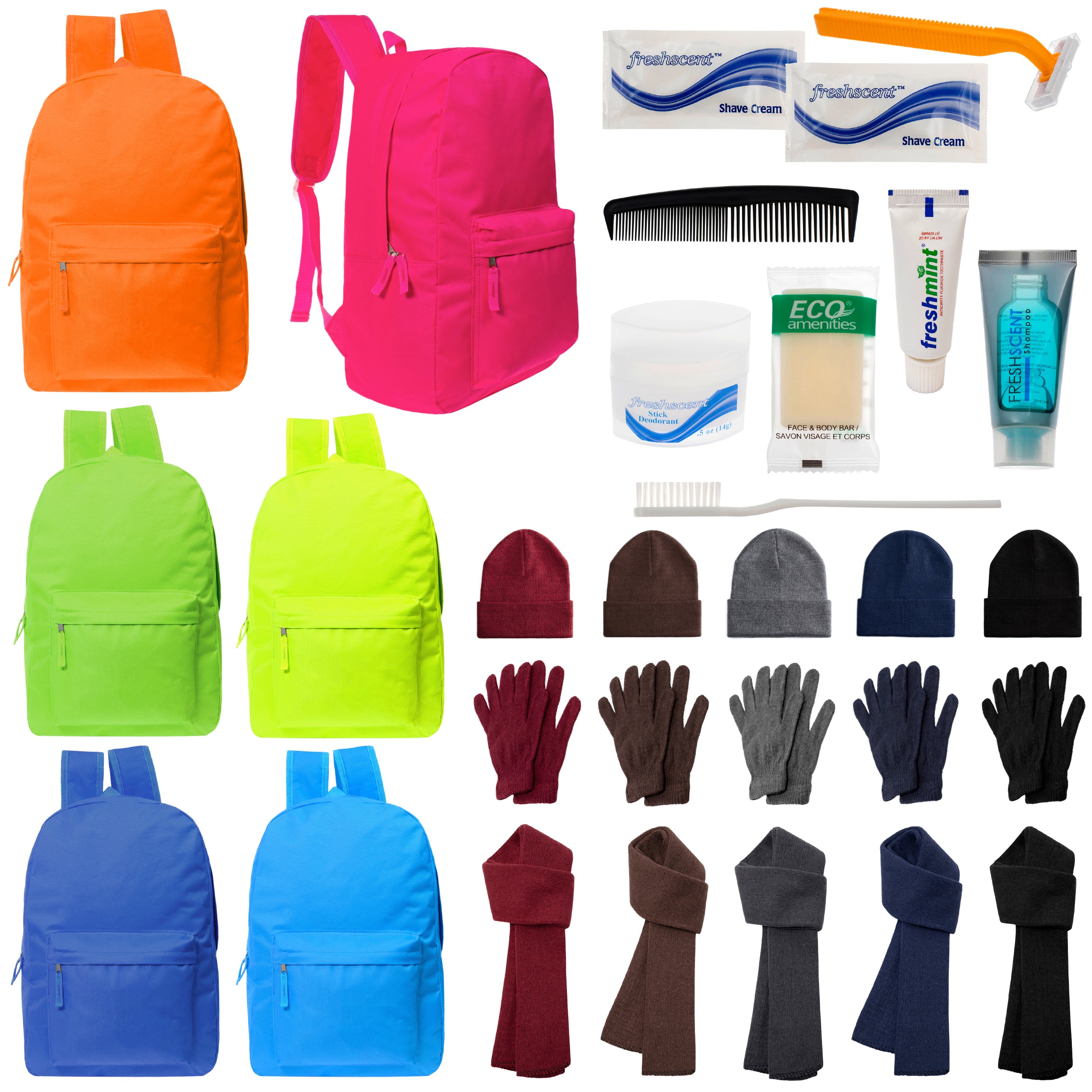 12 Deluxe Bungee 17" Backpacks in 8 Colors, 12 Winter Item Sets & Your Choice of 12 Bulk Hygiene Kits - Wholesale Homeless Care Package