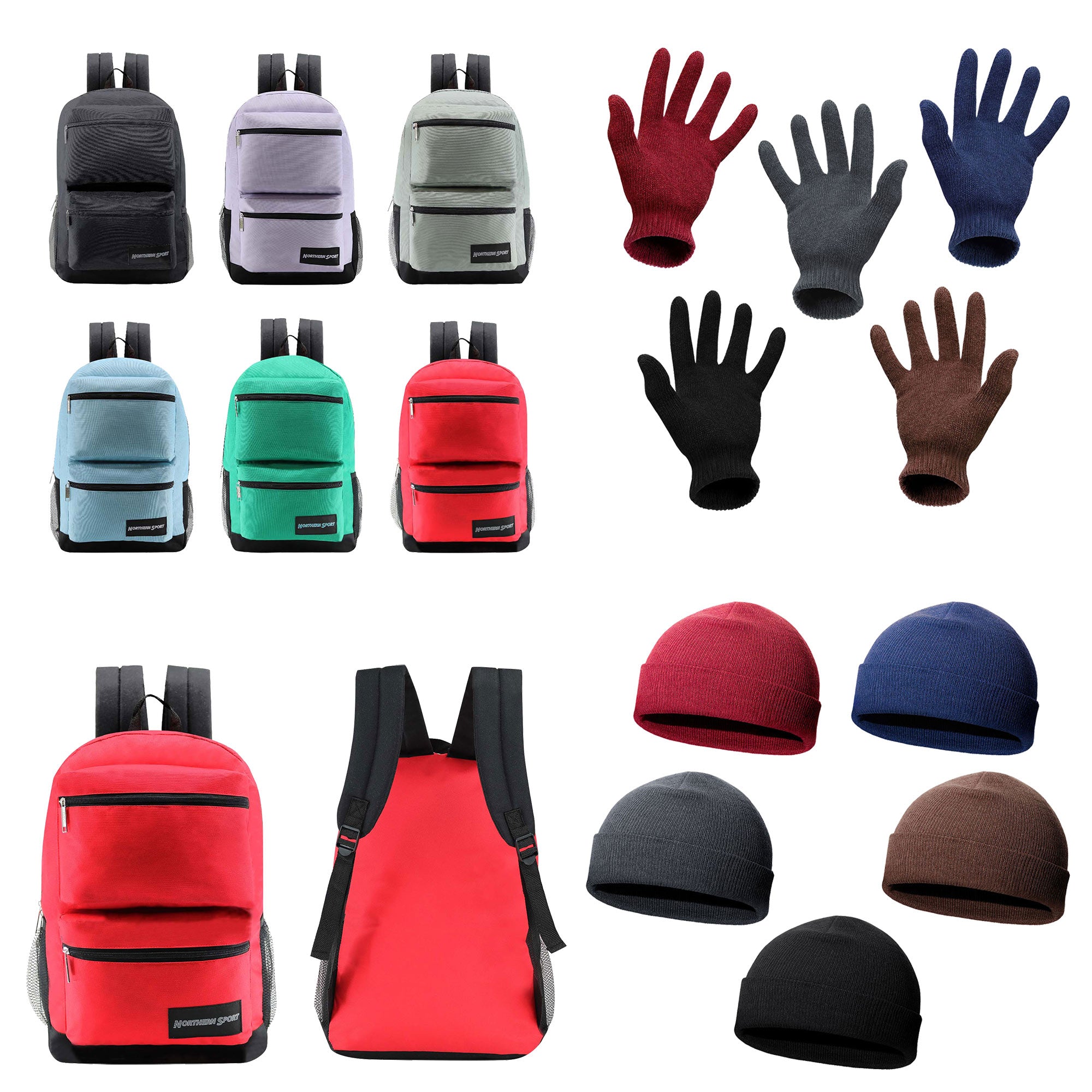 12 Deluxe 17" Backpacks & Your Choice of 12 Winter Item Sets - Wholesale Care Package: Homeless, Emergency, Charity