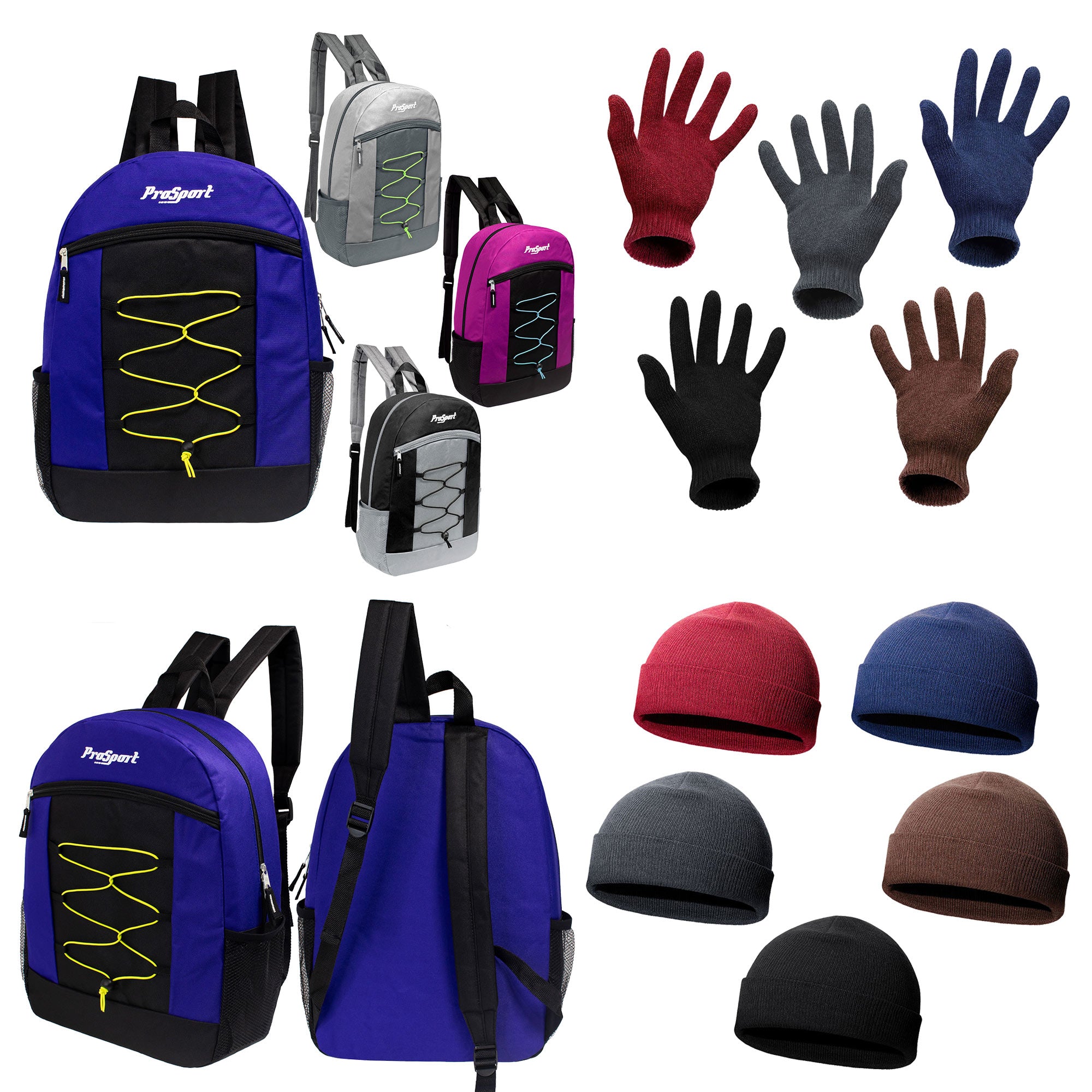 12 Bungee 17" Multi-Color Backpacks & Your Choice of 12 Winter Item Sets - Wholesale Care Package: Homeless, Emergency, Charity