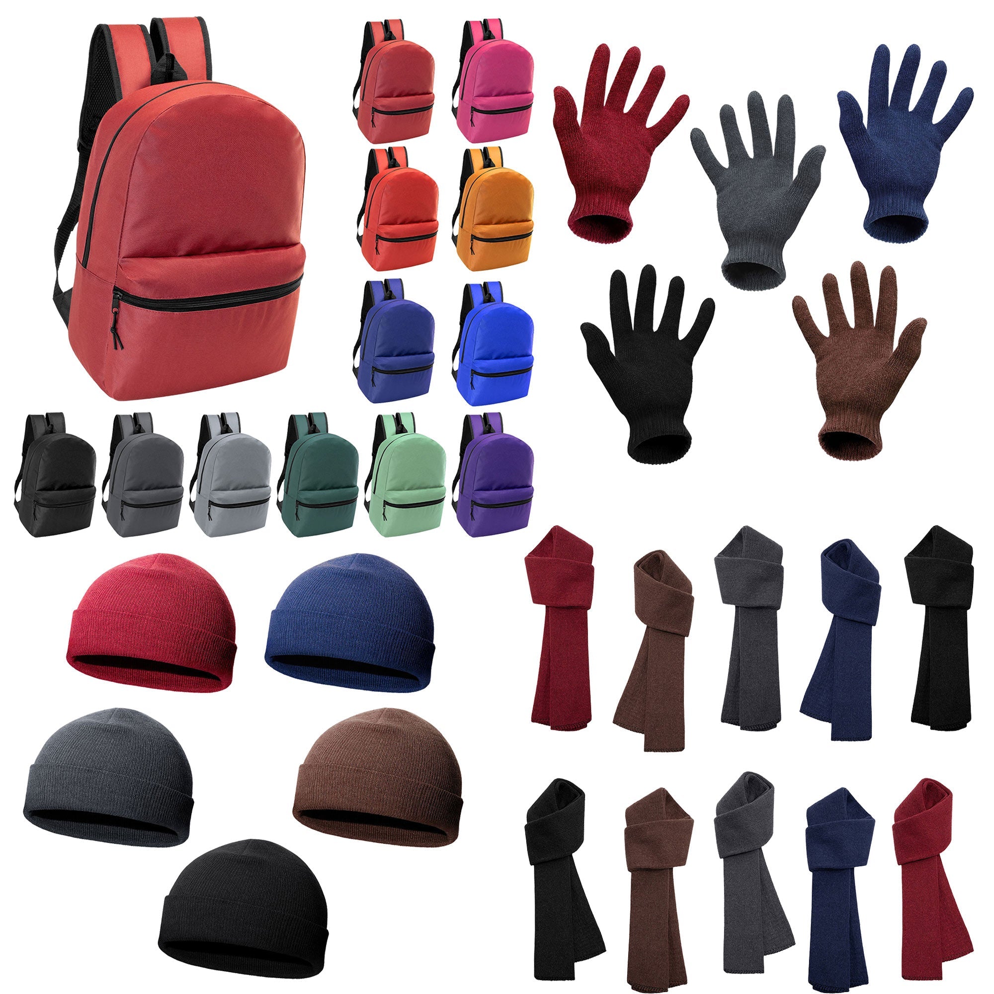 12 Basic 17" Backpacks in 12 Different Colors & Your Choice of 12 Winter Item Sets - Wholesale Care Package: Homeless, Emergency, Charity