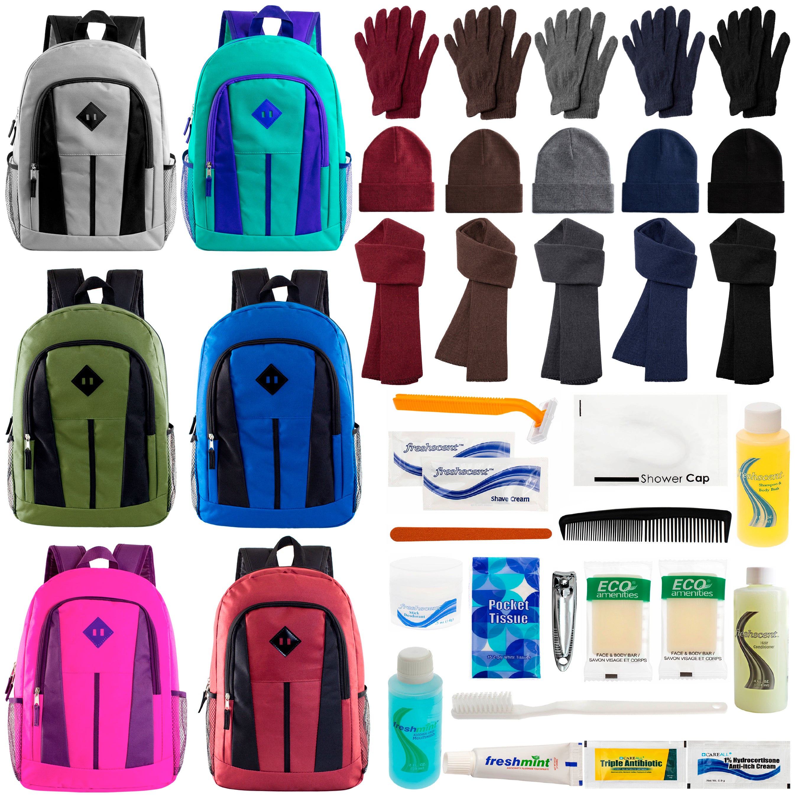 12 Multi-Color 17" Backpacks, 12 Winter Item Sets & Your Choice of 12 Bulk Hygiene Kits - Wholesale Homeless Care Package