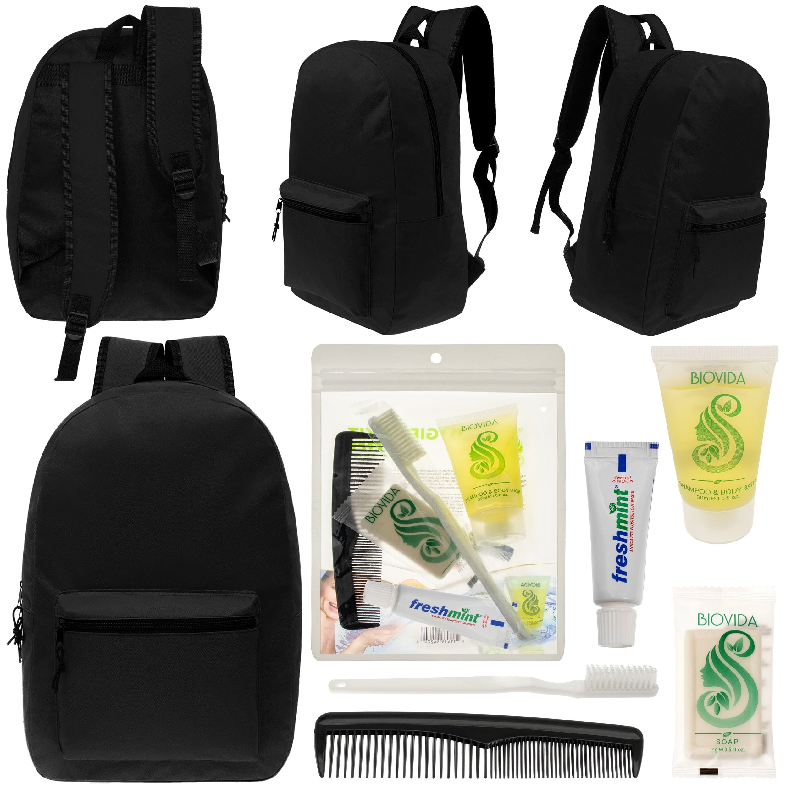 12 Black 17" Classic Backpacks & Your Choice of 12 Bulk Hygiene Kits - Wholesale Care Package: Homeless, Emergency, Charity