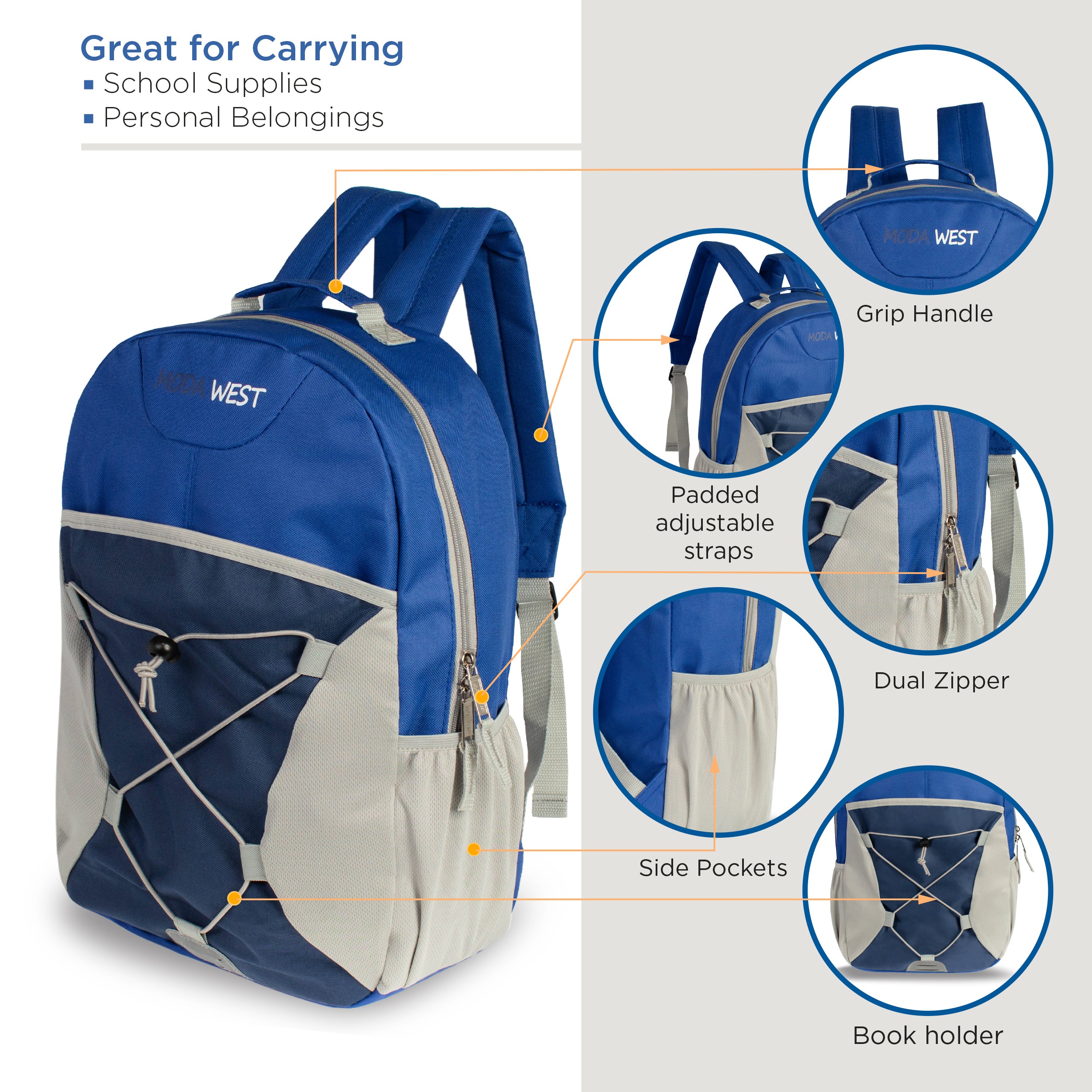 12 Bungee 17" Backpacks in 6 Color Combinations & Your Choice of 12 Bulk Hygiene Kits - Wholesale Care Package: Homeless, Emergency, Charity