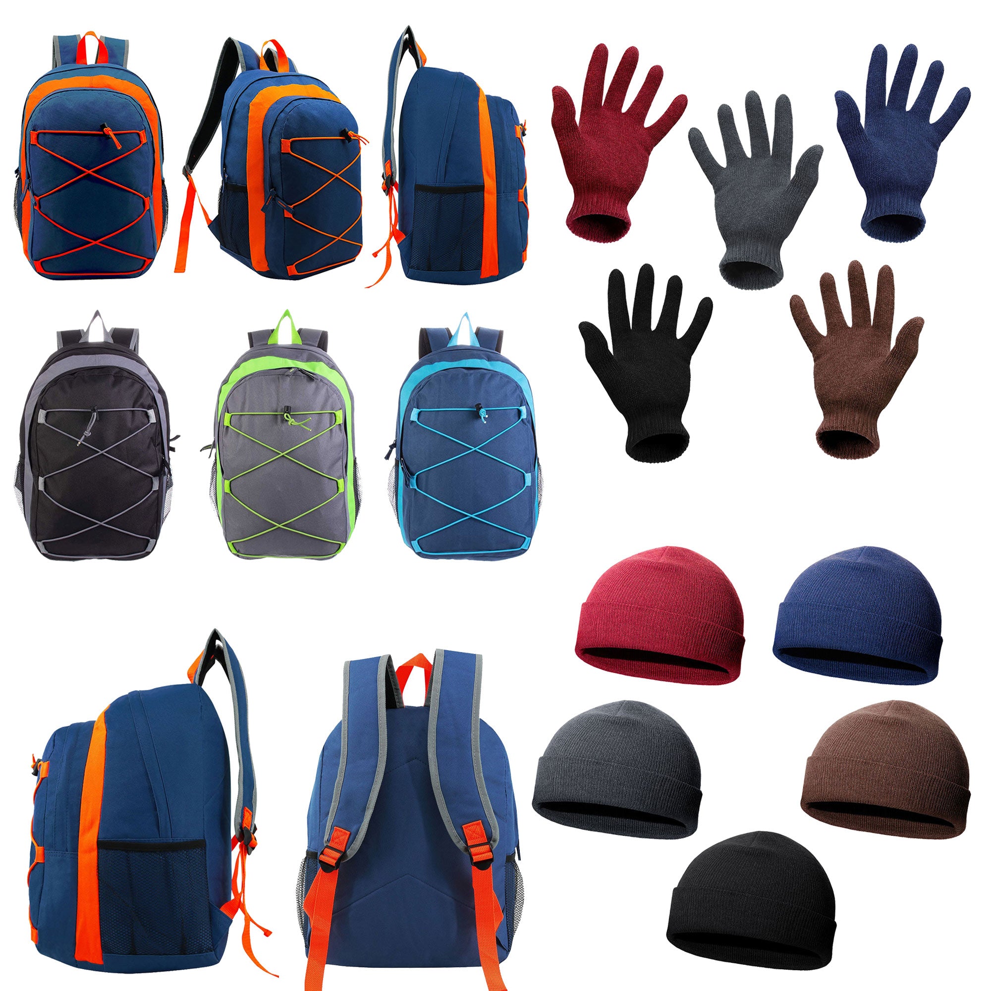 12 Bungee 17" Premium Backpacks & Your Choice of 12 Winter Item Sets - Wholesale Care Package: Homeless, Emergency, Charity