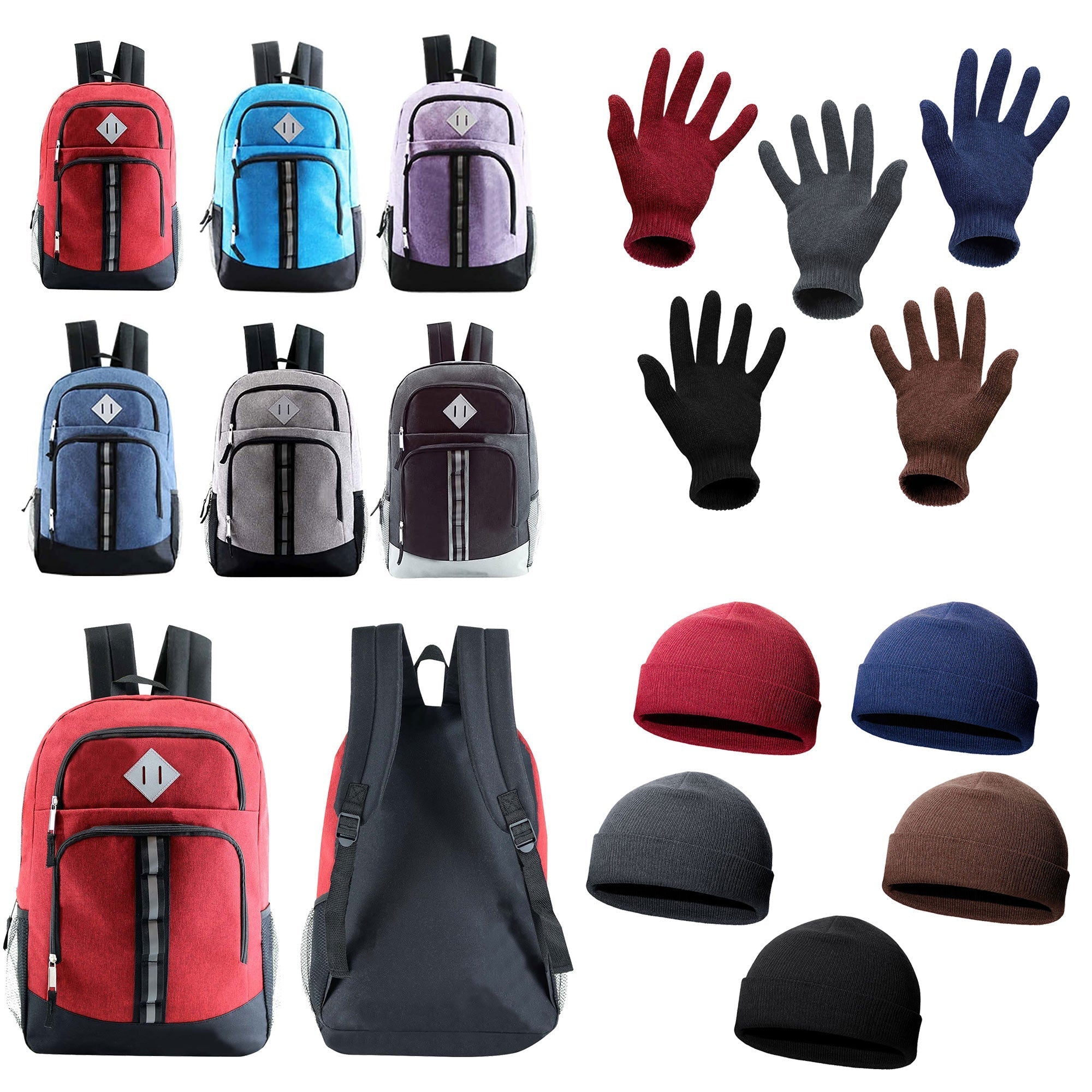 12 Deluxe 18" Backpacks & Your Choice of 12 Winter Item Sets - Wholesale Care Package: Homeless, Emergency, Charity