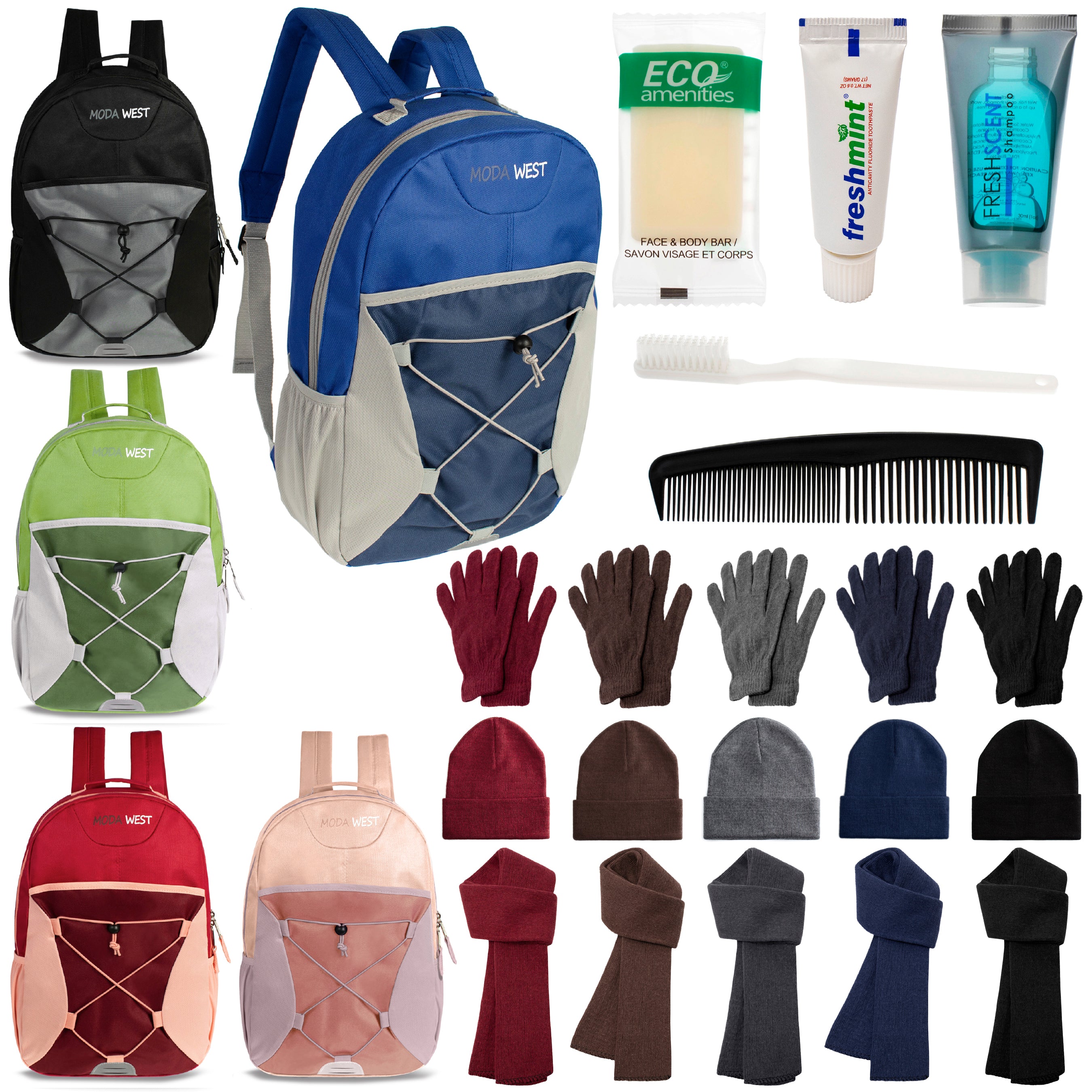 12 Bungee 17" Backpacks in 5 Colors, 12 Winter Item Sets & Your Choice of 12 Bulk Hygiene Kits - Wholesale Homeless Care Package