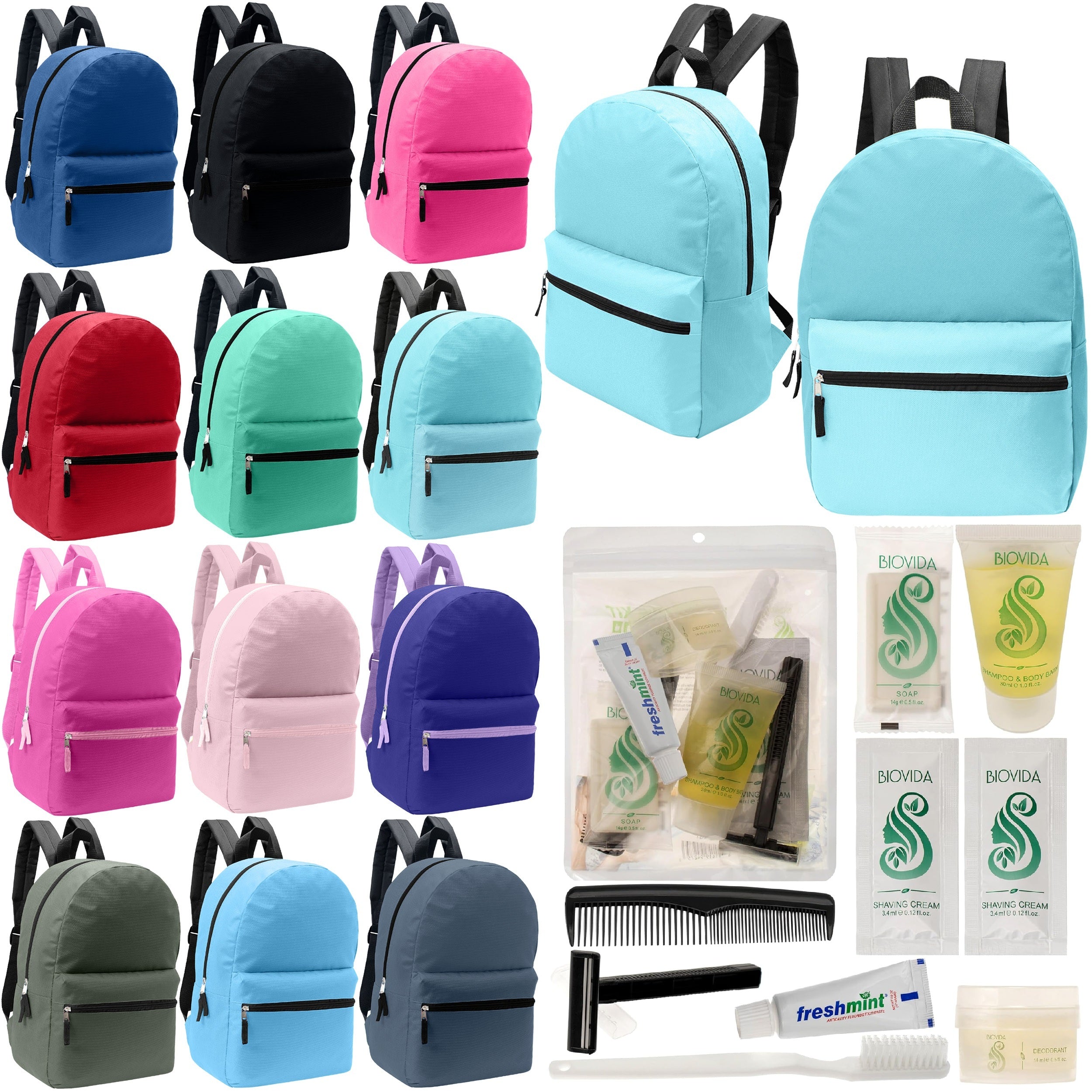 12 Basic 17" Backpacks in 12 Assorted Colors & Your Choice of 12 Bulk Hygiene Kits - Wholesale Care Package: Homeless, Emergency, Charity