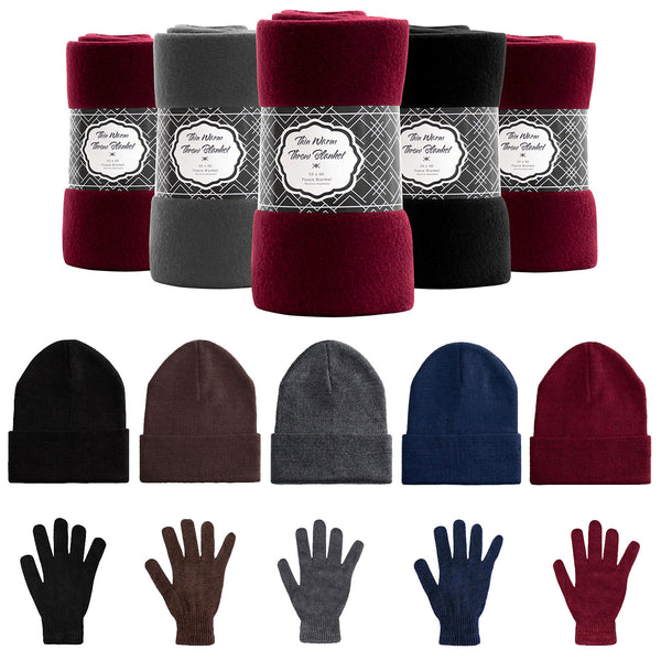 24 Set Wholesale Beanie and Glove Bundle in 5 Assorted Colors - Bulk Case  of 24 Beanies, 24 Pairs of Gloves
