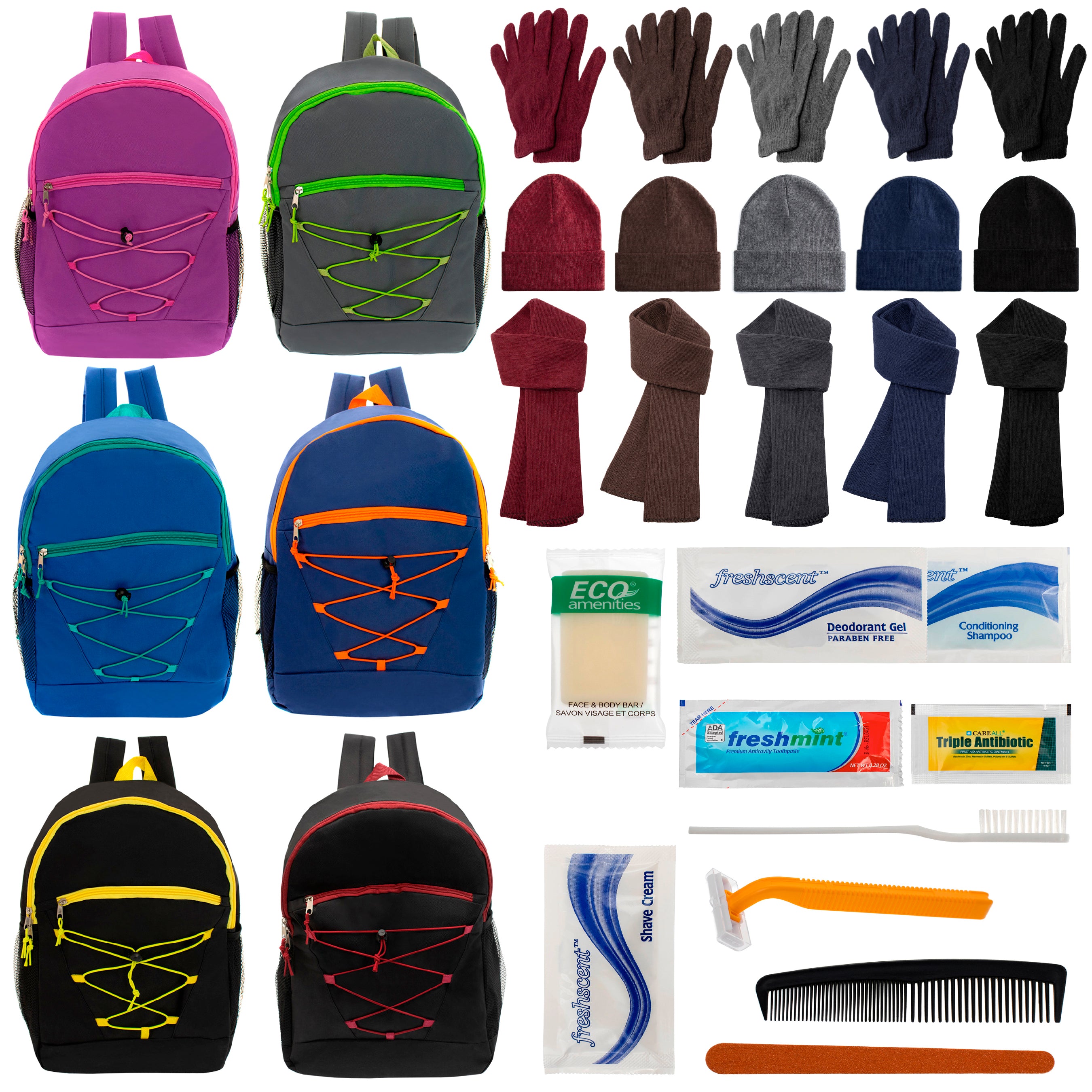 12 Bungee 17" Backpacks in 6 Colors, 12 Winter Item Sets & Your Choice of 12 Bulk Hygiene Kits - Wholesale Homeless Care Package