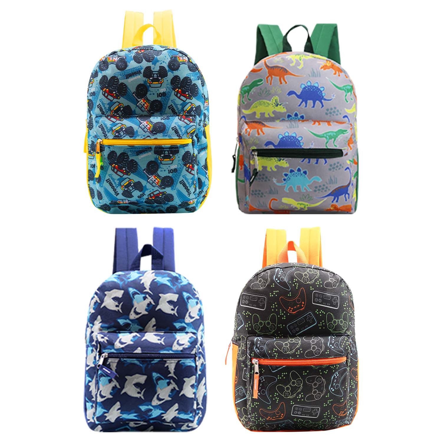 15 Kids Basic Wholesale Backpack in 4 Assorted Prints Bulk Case of 24