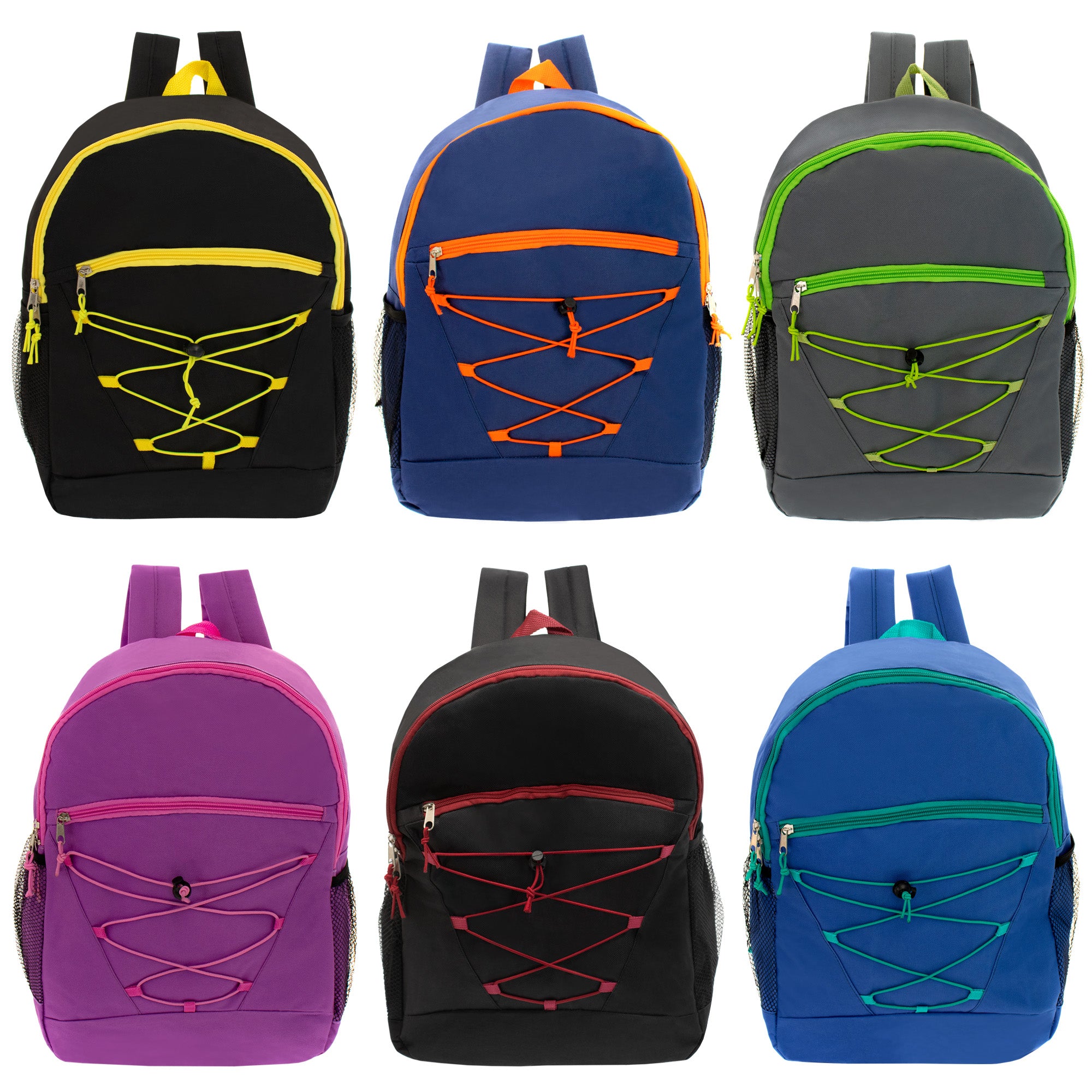 17" Bungee Bulk Backpacks in 6 Assorted Colors - Wholesale Case of 24 Bookbags