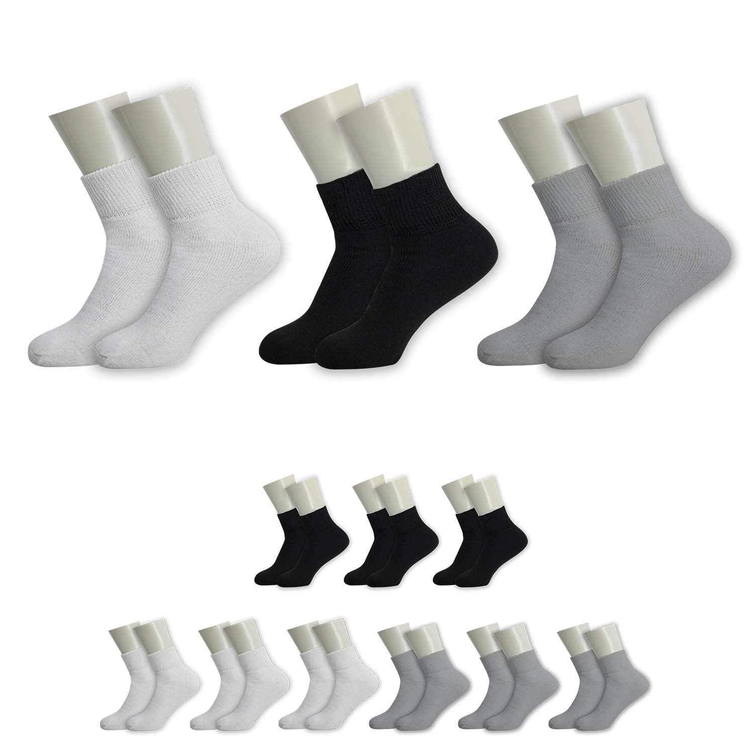 Unisex Ankle Wholesale Diabetic Sock, Size 10-13 in 3 Assorted Colors - Bulk Case of 120 Pairs